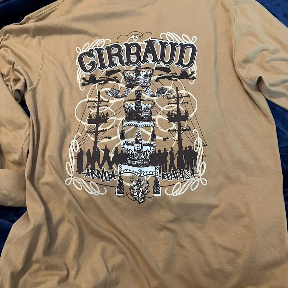 Vintage Girbaud Men's XL Tan Graphic Print Long Sleeve T-Shirt with Horse Design